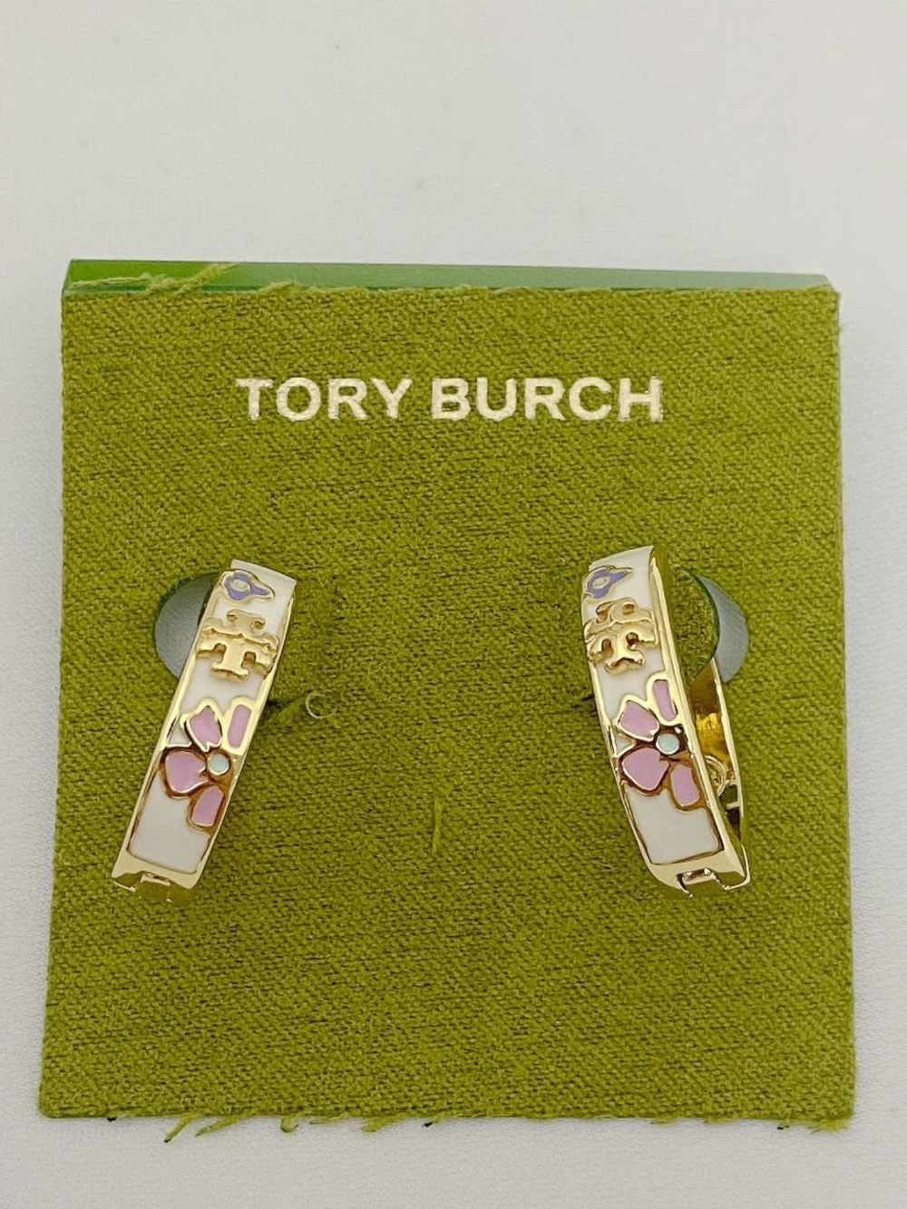 Tory Burch Gold-Tone Pink & White Floral Enamel Huggie Earrings